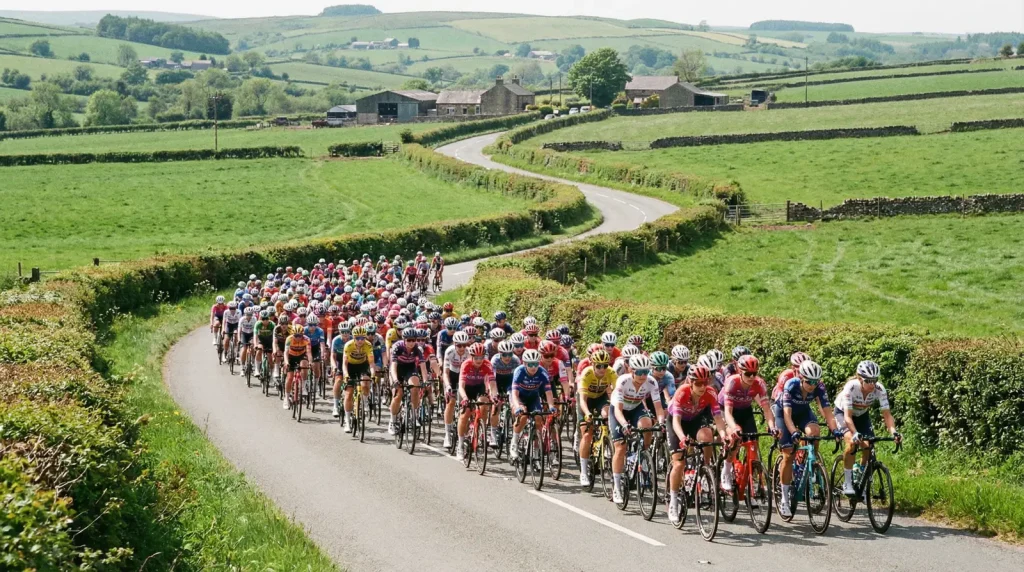 Pelotón femenino de ciclismo profesional compitiendo en carretera durante una etapa del Tour de France Femmes