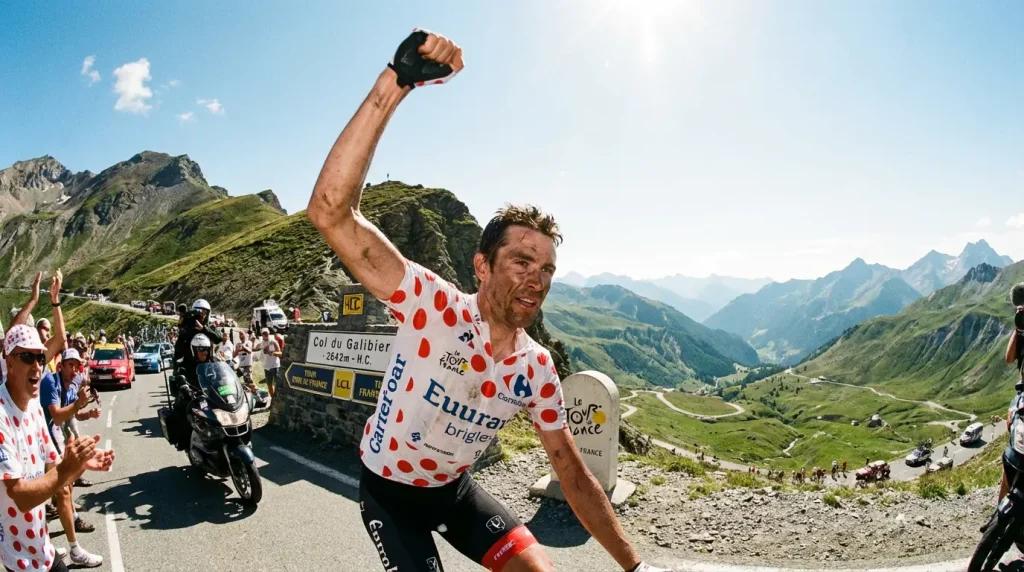 Ciclista con maillot de lunares coronando un puerto de montaña en una gran vuelta