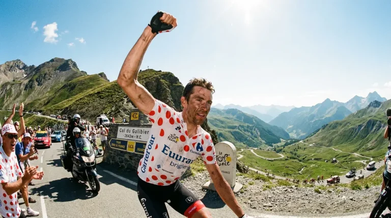 Ciclista con maillot de lunares coronando un puerto de montaña en una gran vuelta