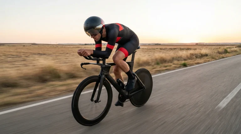 Ciclista profesional en posición aerodinámica sobre bicicleta de contrarreloj en una etapa individual