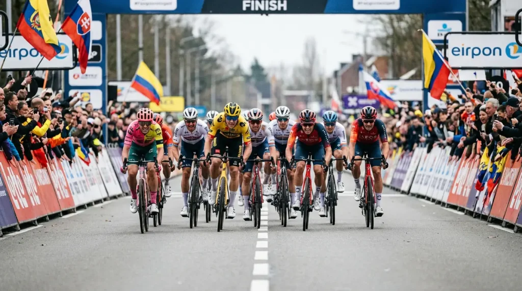 Sprint masivo de velocistas en la recta final de una etapa llana de ciclismo profesional