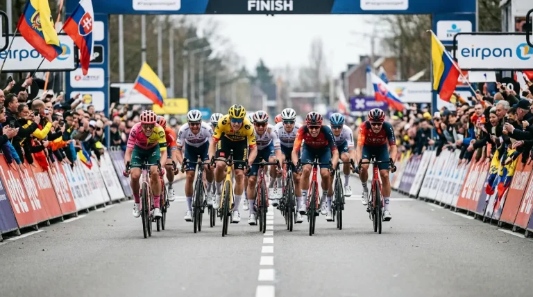Sprint masivo de velocistas en la recta final de una etapa llana de ciclismo profesional