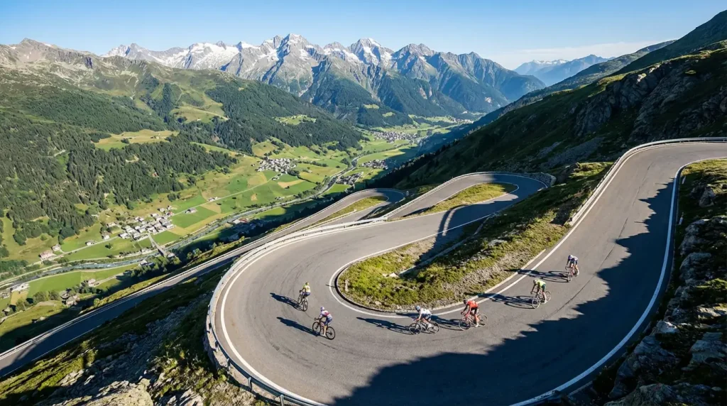 Ciclistas ascendiendo un puerto de alta montaña en un grupo reducido durante una gran vuelta