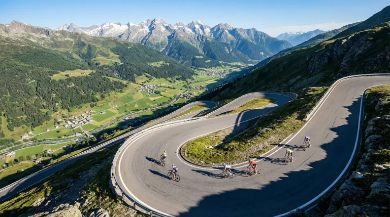 Ciclistas ascendiendo un puerto de alta montaña en un grupo reducido durante una gran vuelta