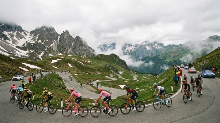 Ciclistas del Giro de Italia ascendiendo un puerto de los Dolomitas con nieve en las cumbres