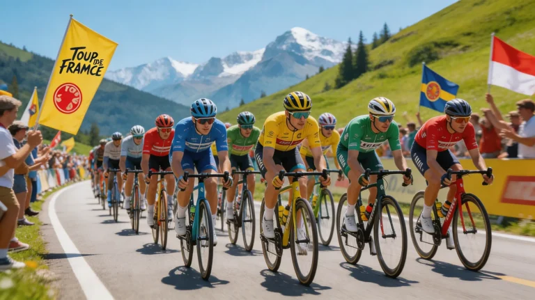 Pelotón del Tour de Francia rodando por una carretera de montaña con público a los lados
