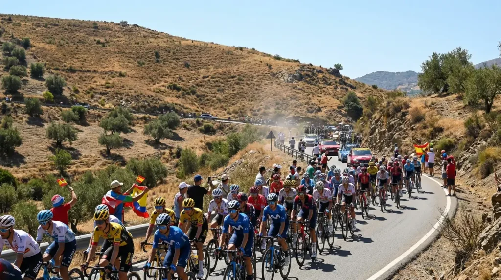 Pelotón de la Vuelta a España subiendo un puerto español bajo el sol de verano