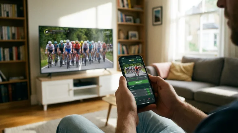 Pantalla de móvil con función de cashout activa durante una etapa de ciclismo en directo