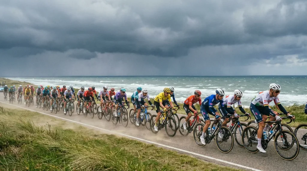 Ciclistas en pelotón bajo lluvia y viento lateral durante una etapa de carretera