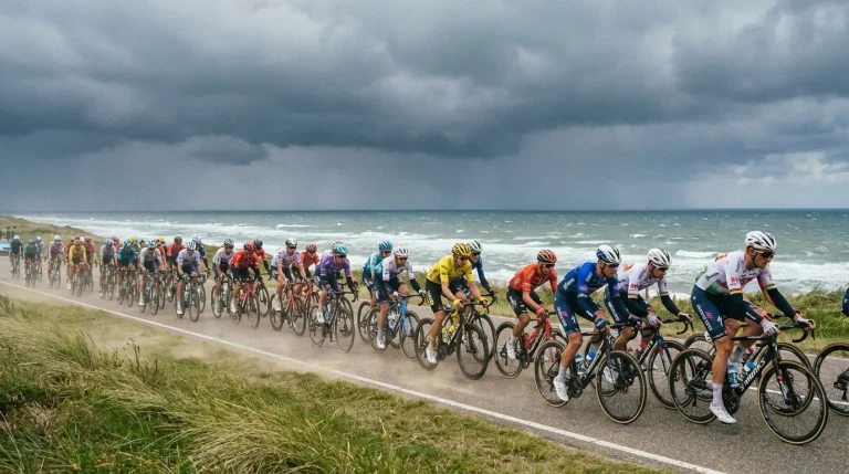 Ciclistas en pelotón bajo lluvia y viento lateral durante una etapa de carretera