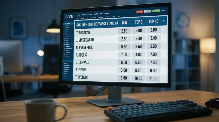 Pantalla de ordenador mostrando cuotas decimales de una carrera de ciclismo