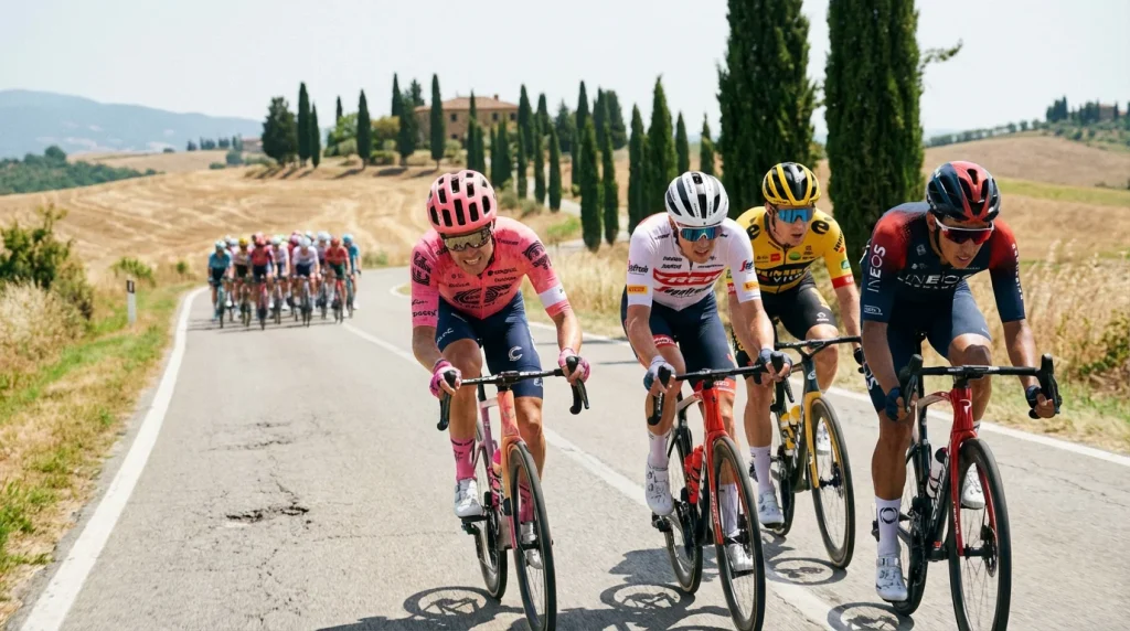 Grupo de ciclistas en escapada con ventaja sobre el pelotón en una carretera abierta