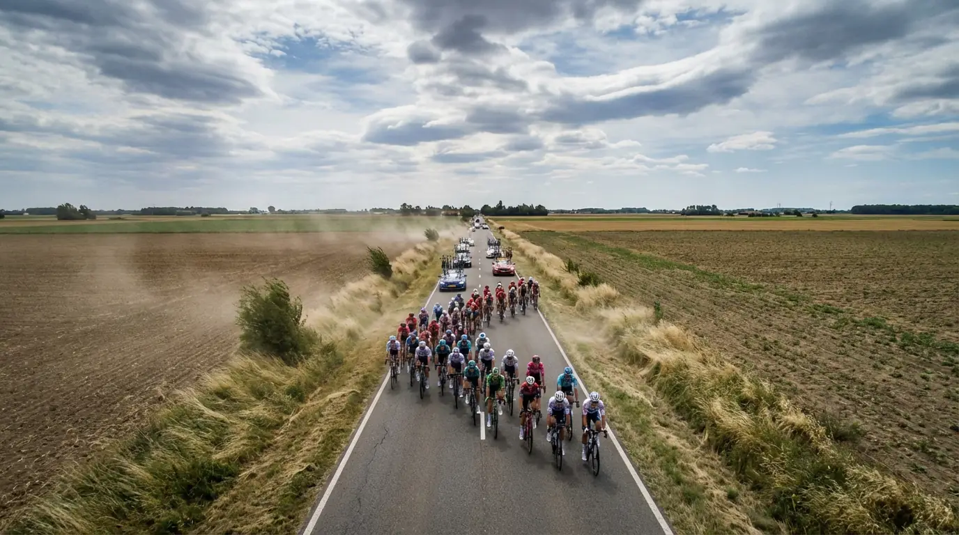 Pelotón de ciclismo en etapa con viento lateral y formación de abanicos