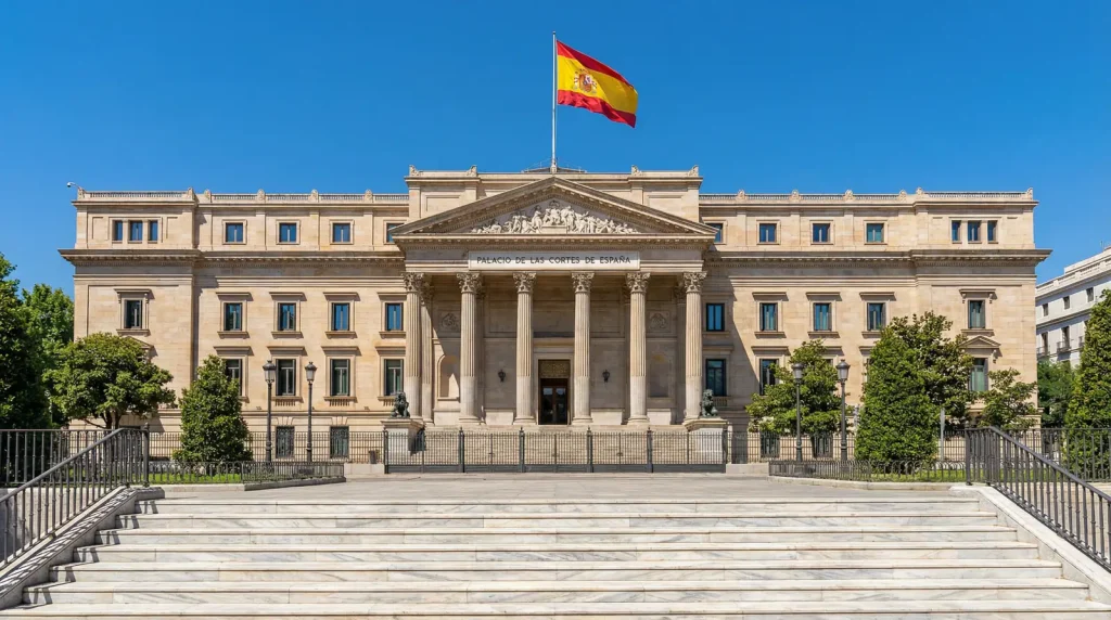 Fachada de un edificio oficial en Madrid con la bandera de España