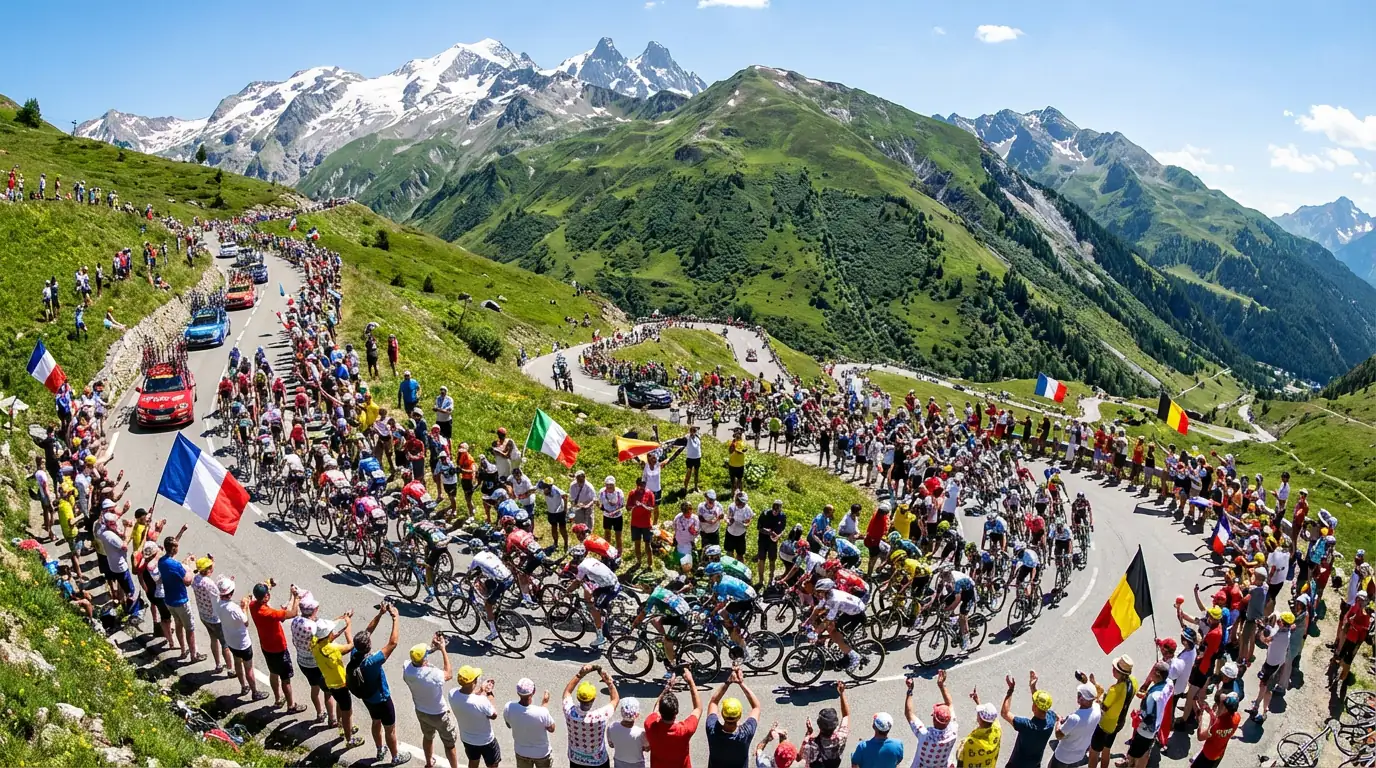 Pelotón del Tour de France en etapa de montaña con público en la carretera