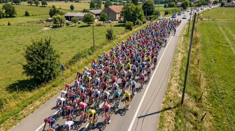 Pelotón compacto de ciclistas rodando en grupo durante una etapa de gran vuelta