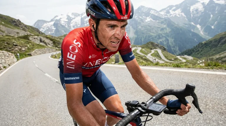Ciclista profesional pedaleando en subida de montaña con ciclocomputador mostrando datos de potencia